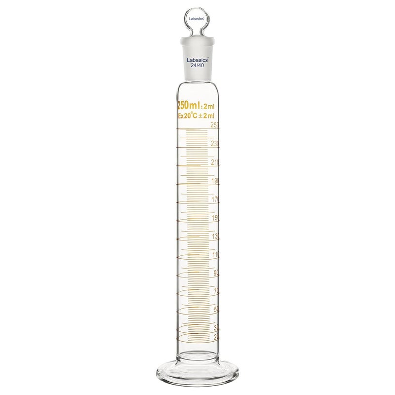 Labasics Graduated Cylinder with Stopper, 250 ml Borosilicate Glass Measuring Cylinder with 24/40 Standard Ground Joint Stopper, Durable Laboratory Glassware for Accurate Liquid Measurement - Image 1